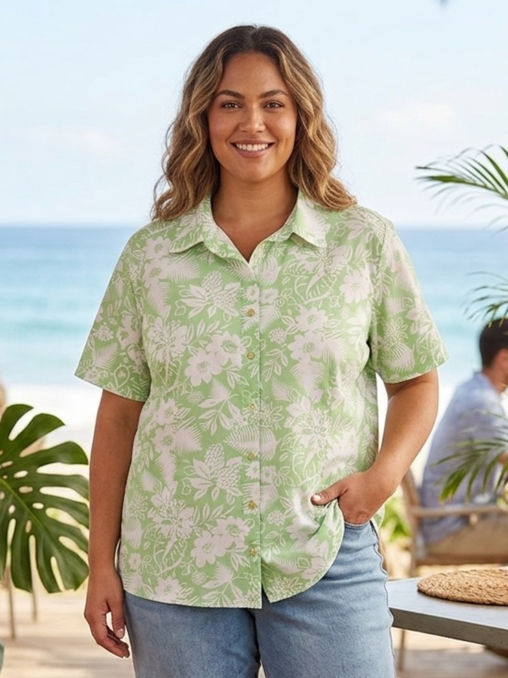 Take 50% OFF- Basic Editions Mint Floral Short-Sleeve Button-Up Shirt, Size-3X